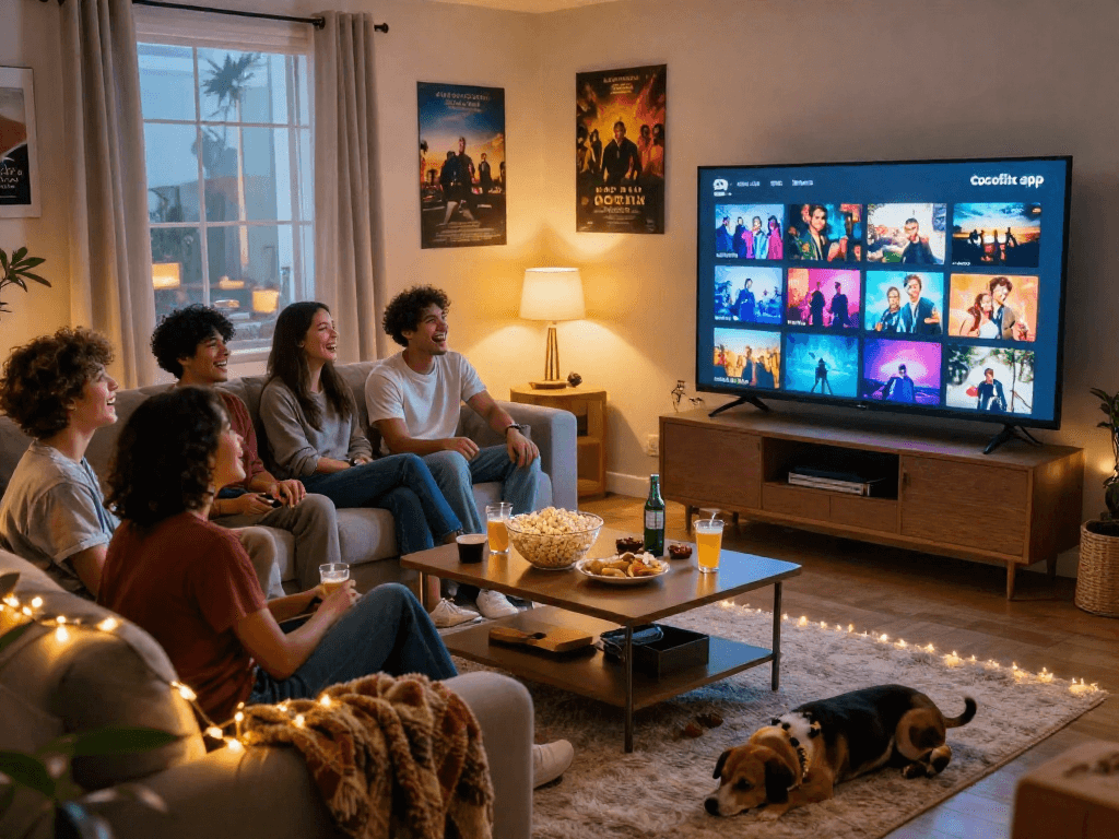 Cocoflix apk interface displayed on TV while friends enjoy movie night at home.