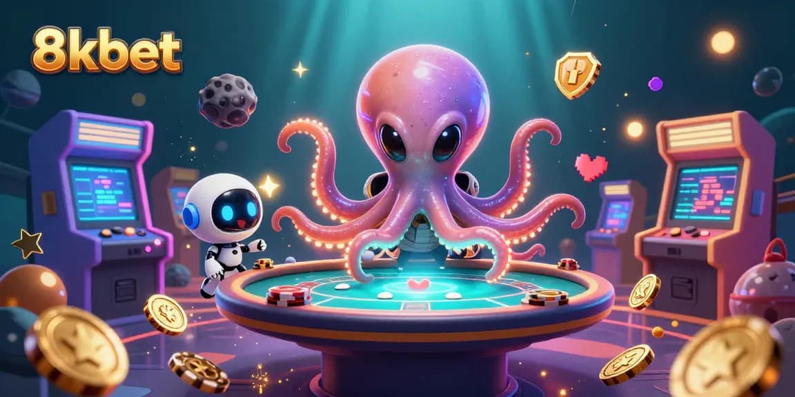 Experience 8kbet with this vibrant illustration showcasing an alien octopus playing poker in a cosmic arcade.