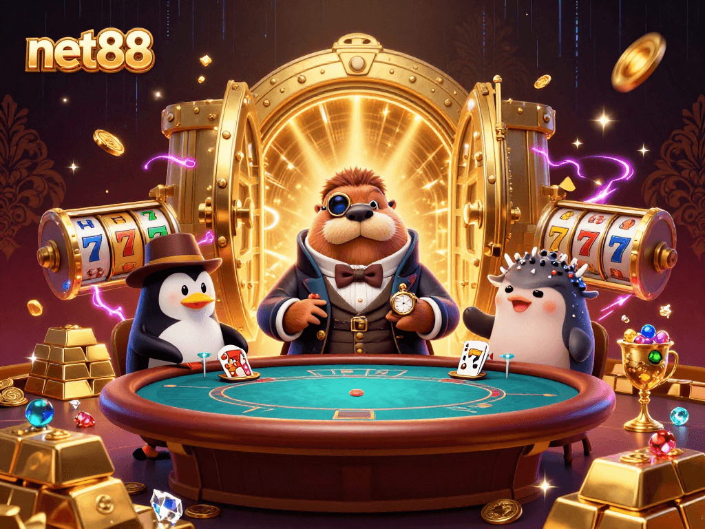 Play poker underwater with net88 in this vibrant 3D illustration featuring colorful casino elements.