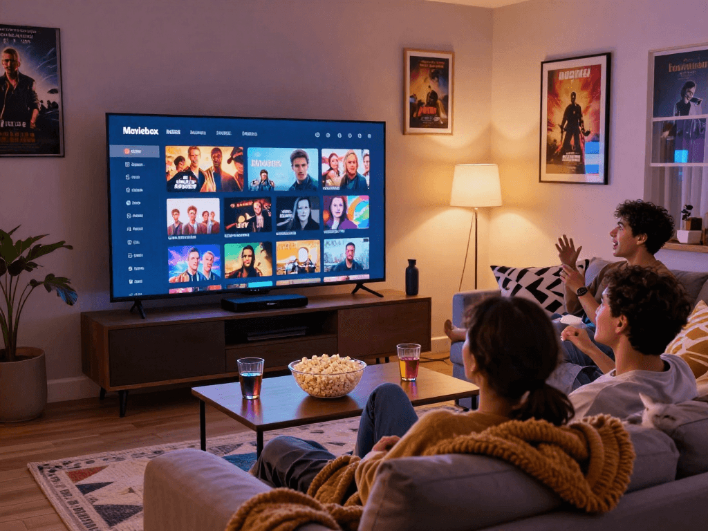 Enjoying a cozy movie night with the Moviebox app streaming films in a stylish living room.