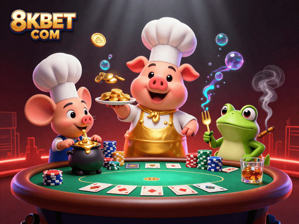 Engage in thrilling gameplay at 8KBET COM with vibrant casino scenes featuring poker, gold coins, and colorful characters.