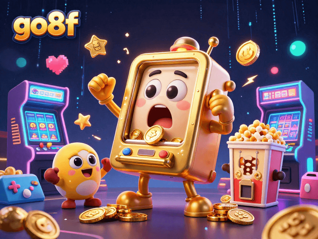 Spin to win at go8f with a golden slot machine celebrating a jackpot amidst colorful gaming elements.