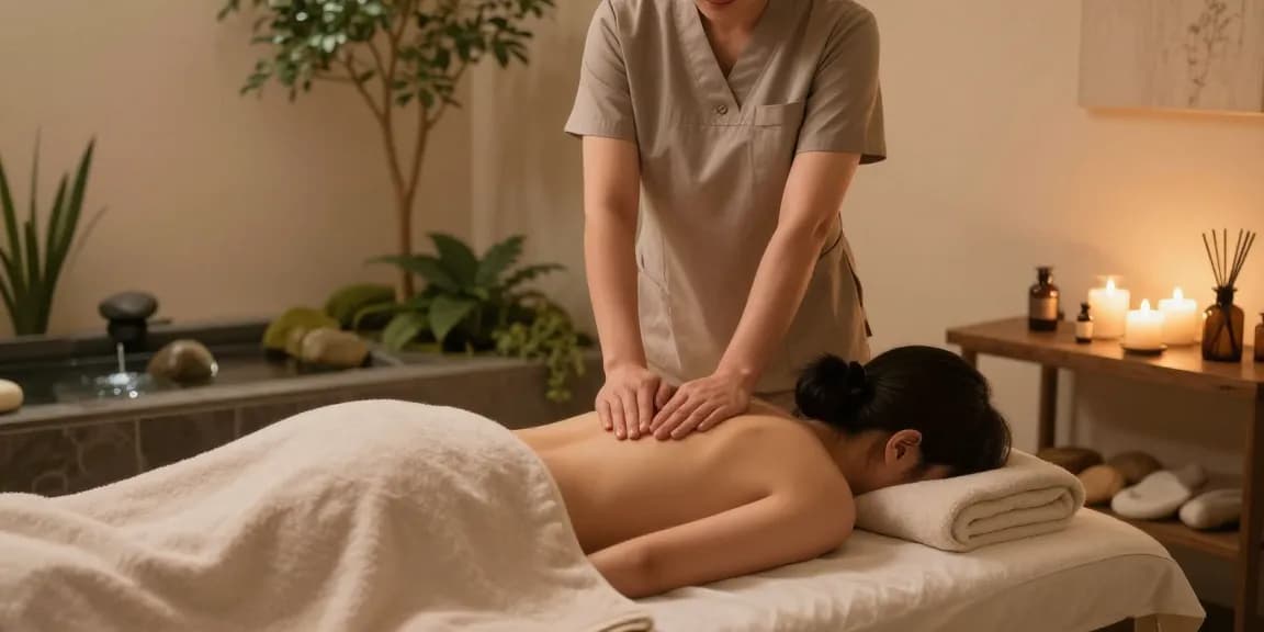 Relaxing 양천구출장마사지 scene in a tranquil spa setting with a professional therapist and calming atmosphere.