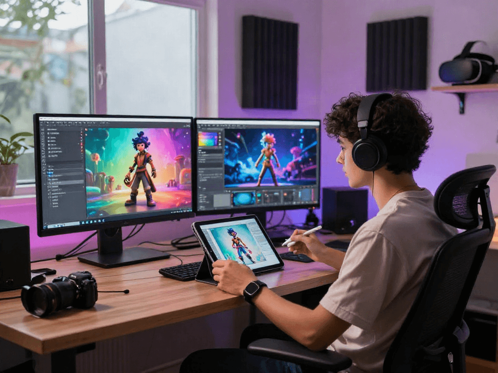 Character AI NSFW artist designing interactive character graphics in a modern workspace.