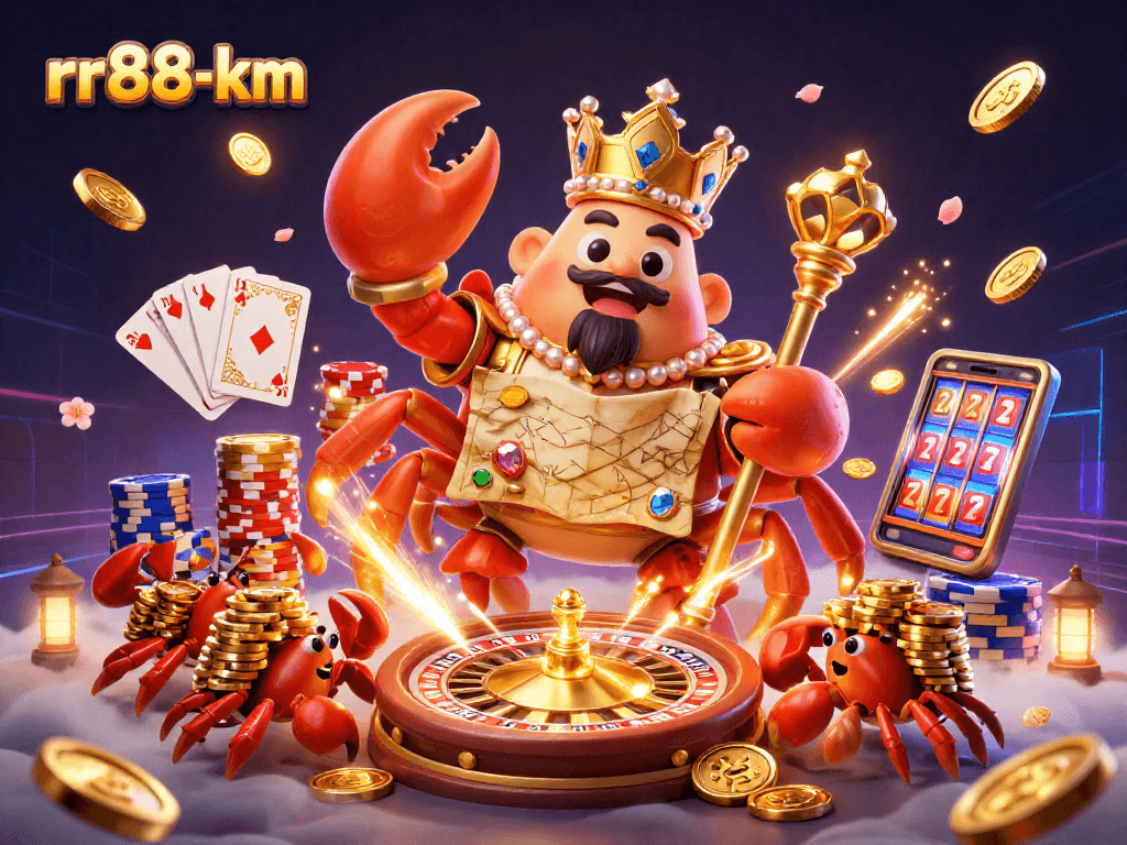 Engage with rr88-km's vibrant 3D casino scene showcasing golden crab emperor and bustling gaming elements.
