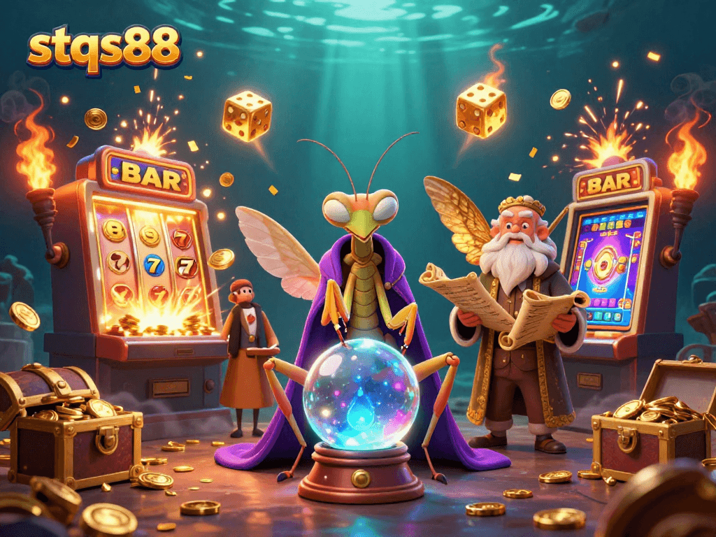 Experience the thrill of stqs88 with dynamic 3D illustration, featuring fortune teller and slot machines.