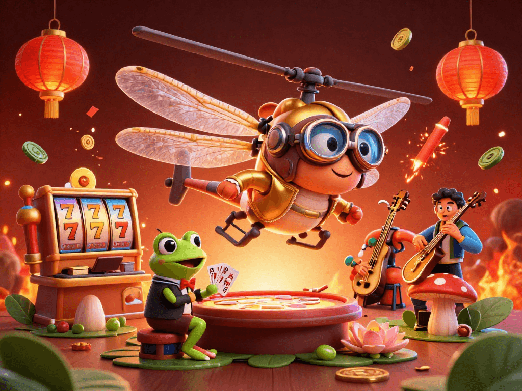 Engage in thrilling bets at tr88 com with a lively casino scene featuring a dragonfly pilot and frog dealer.