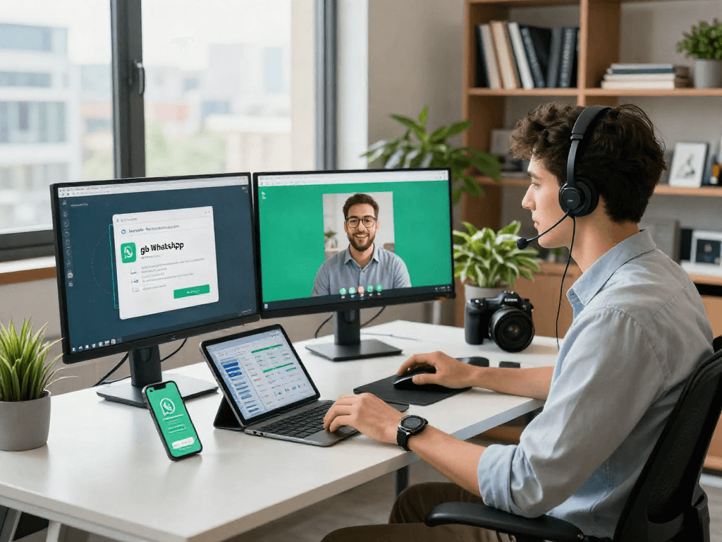 Professional workspace showcasing gb WhatsApp being used on multiple screens in a modern office environment.