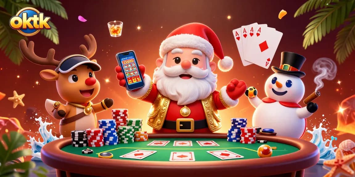 Experience the excitement of oktk's jackpot slots with a festive casino scene featuring Santa and friends.