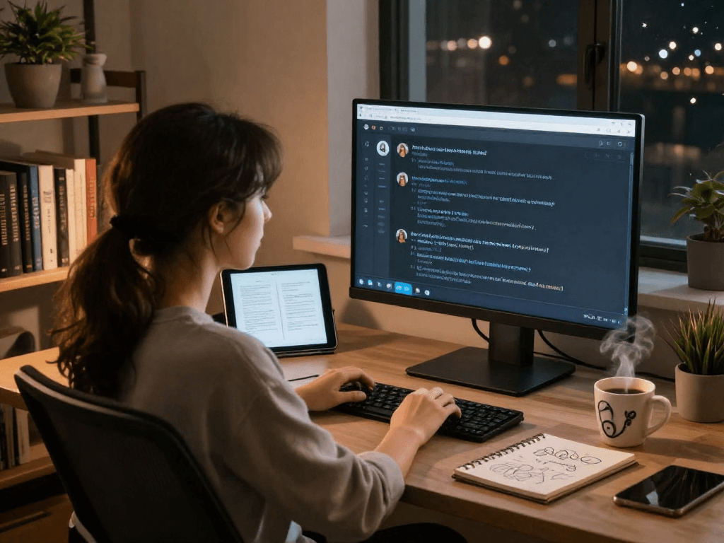 Engaging ai chat nsfw conversation in a cozy home office with a warm ambiance.