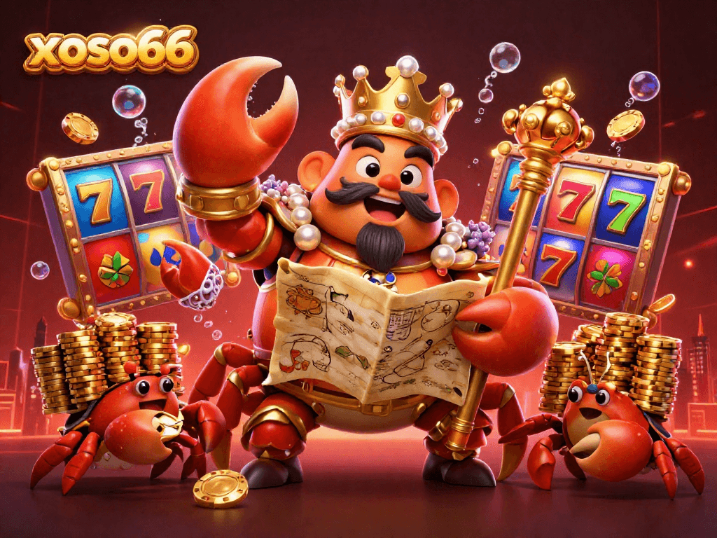 Engage with the exciting xoso66 casino scene featuring the golden crab emperor and vibrant slot elements.