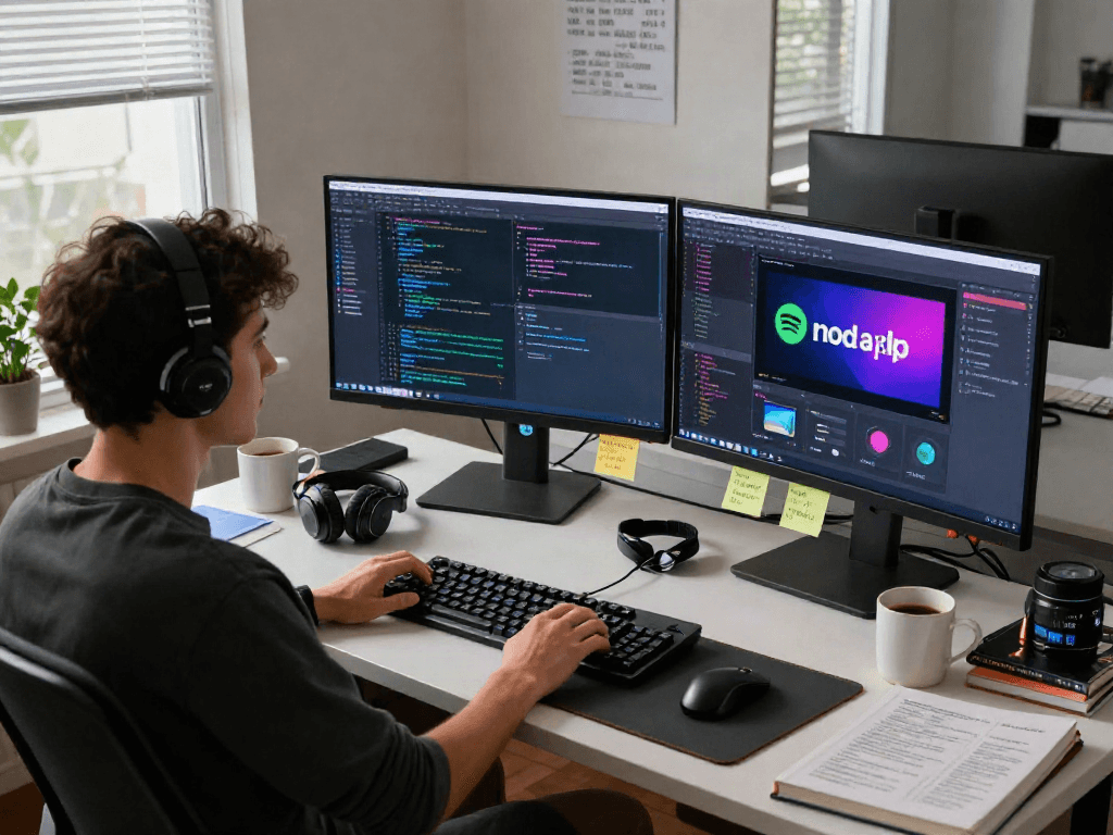 Youthful developer crafting a spotify mod apk in a tech workspace with dual monitors and vibrant coding elements.