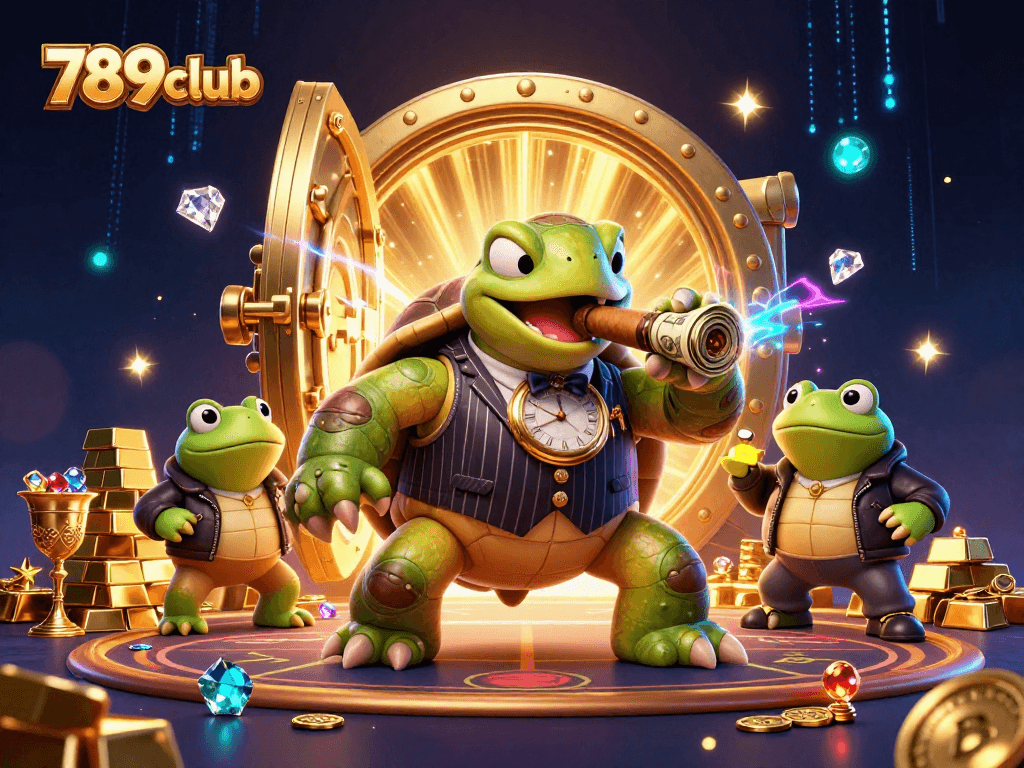 Experience the excitement of 789club casino with a vibrant 3D illustration featuring a nostalgic mobster and treasure elements.