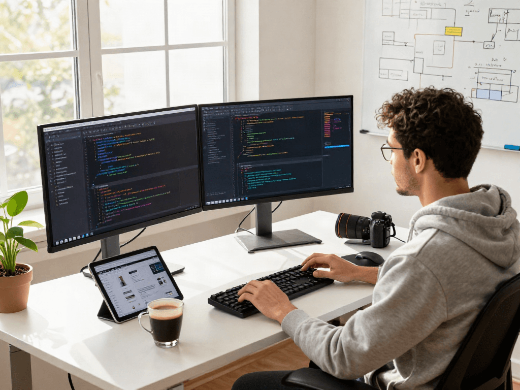 Dynamic workspace with a programmer coding in front of dual monitors showcasing pikashow development projects.