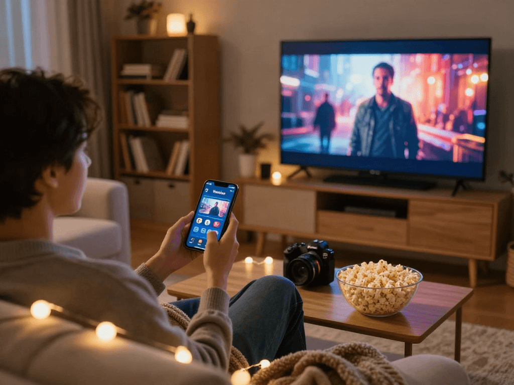 Enjoying a cozy movie night with the Moviebox app on a smartphone amidst a warm home setting.