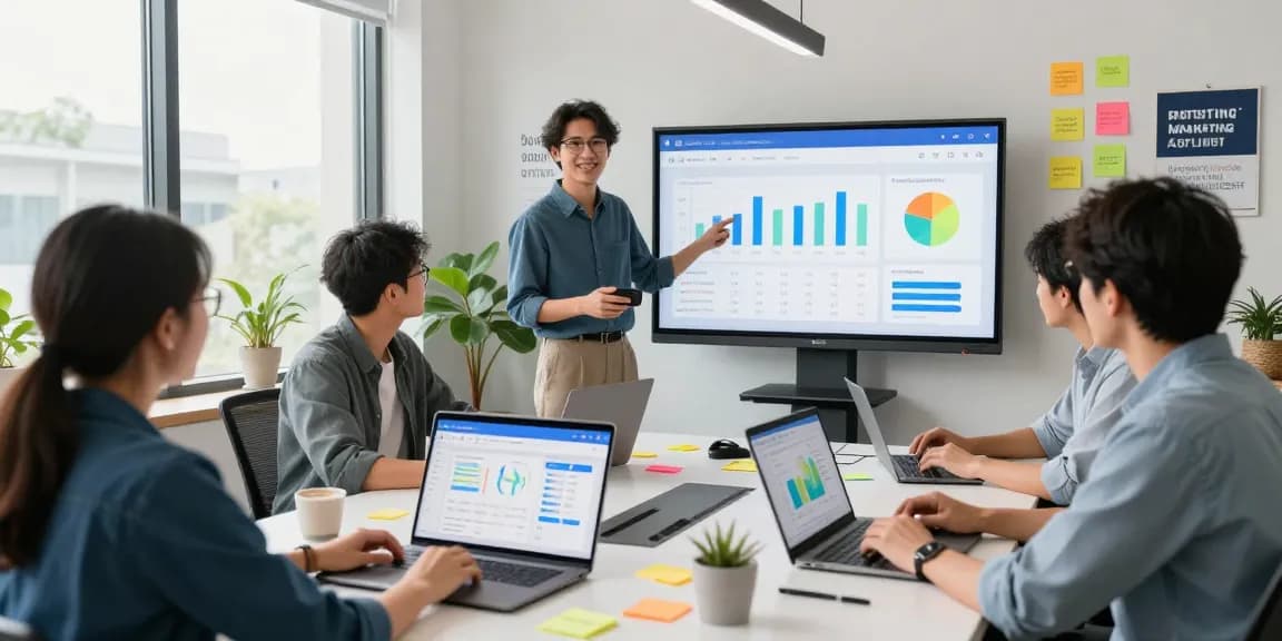 Purchase app installs through expert app marketing team collaborating in a vibrant workspace.