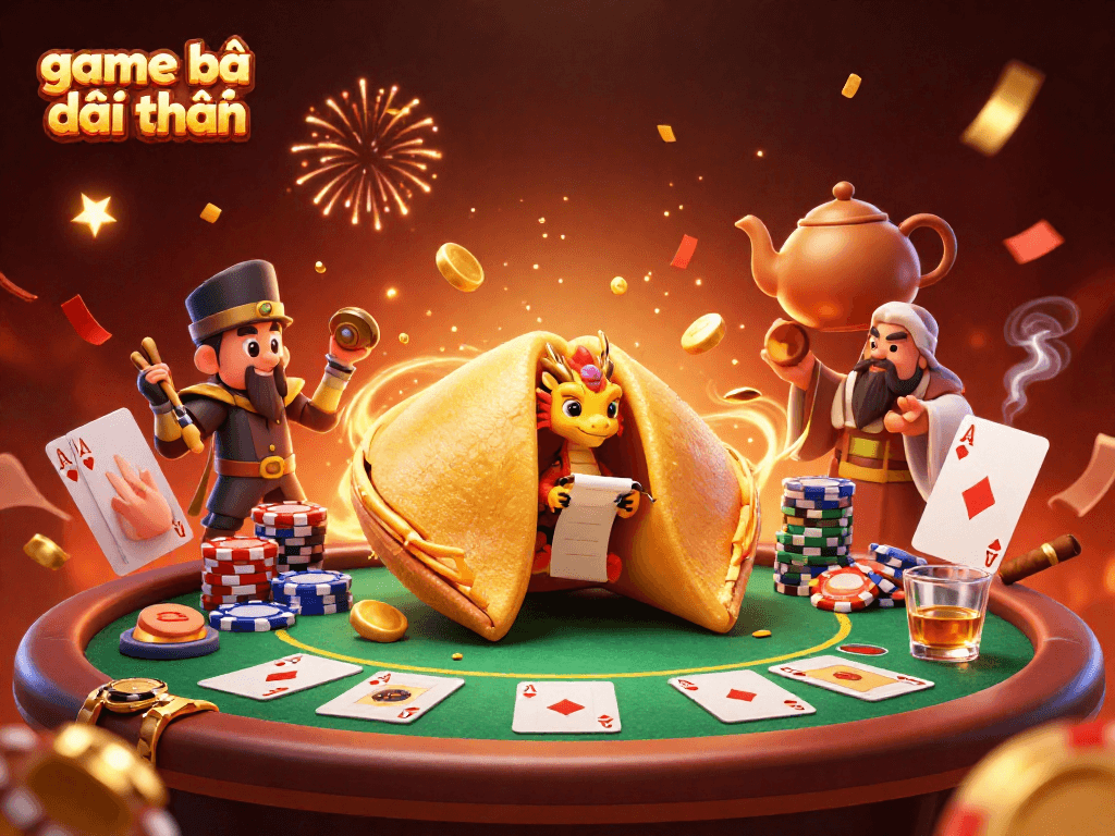 Experience exciting game bài đổi thưởng amidst golden fortune cookies and vibrant casino elements.
