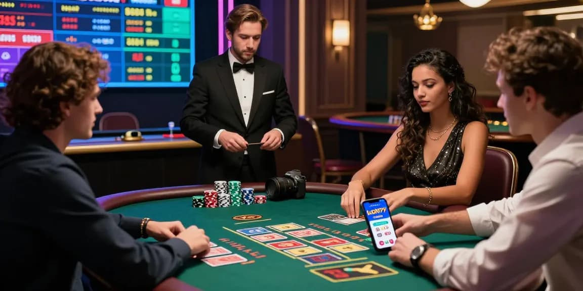 Diverse friends experiencing the excitement of an online lucky77 casino with a live dealer, vibrant cards, and betting apps.