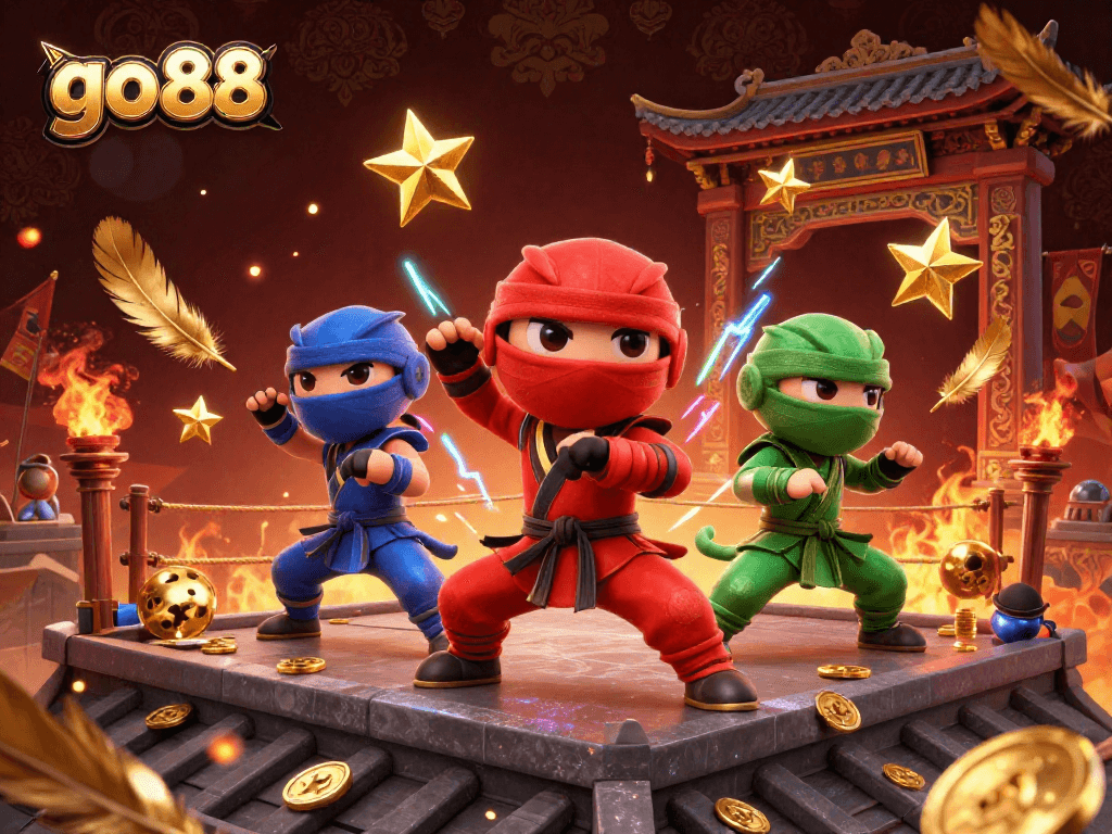 Engage in thrilling action with the go 88 chameleon ninjas mastering martial arts amid golden coins and vibrant casino elements.