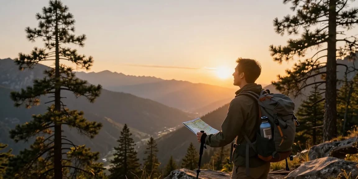 Adventurer enjoying scenic sunset view while hiking towards slot 5k mountains, showcasing vibrant colors and outdoor gear.