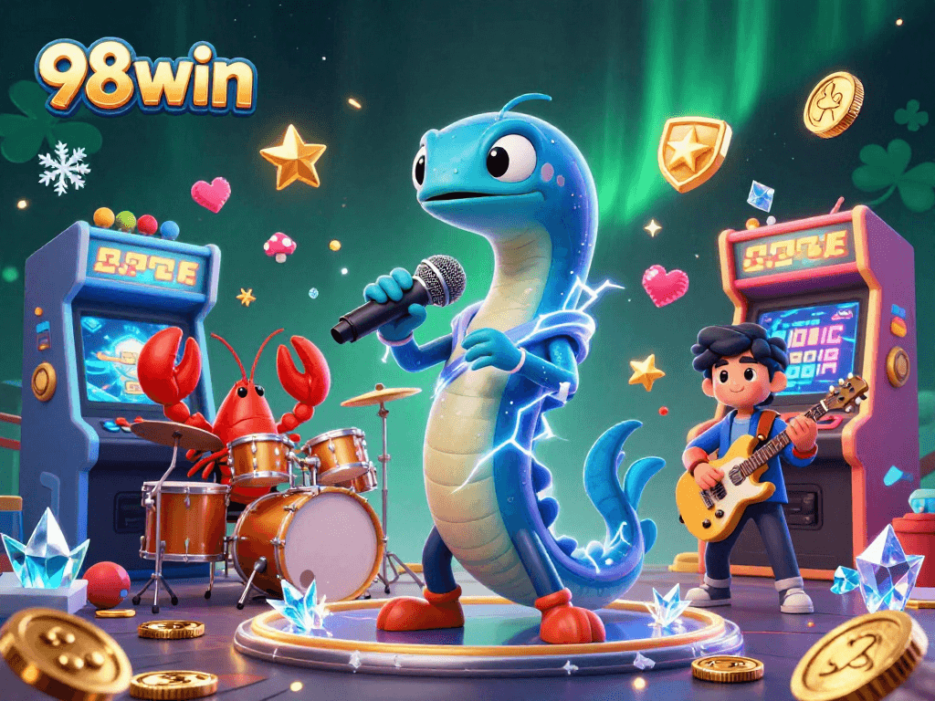 Join the 98win electric eel DJ amidst an exciting underwater casino scene filled with vibrant gaming elements.