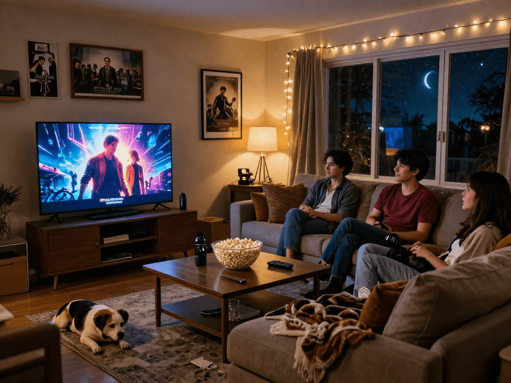 Friends enjoying a cozy movie night with Moviebox on screen and popcorn.
