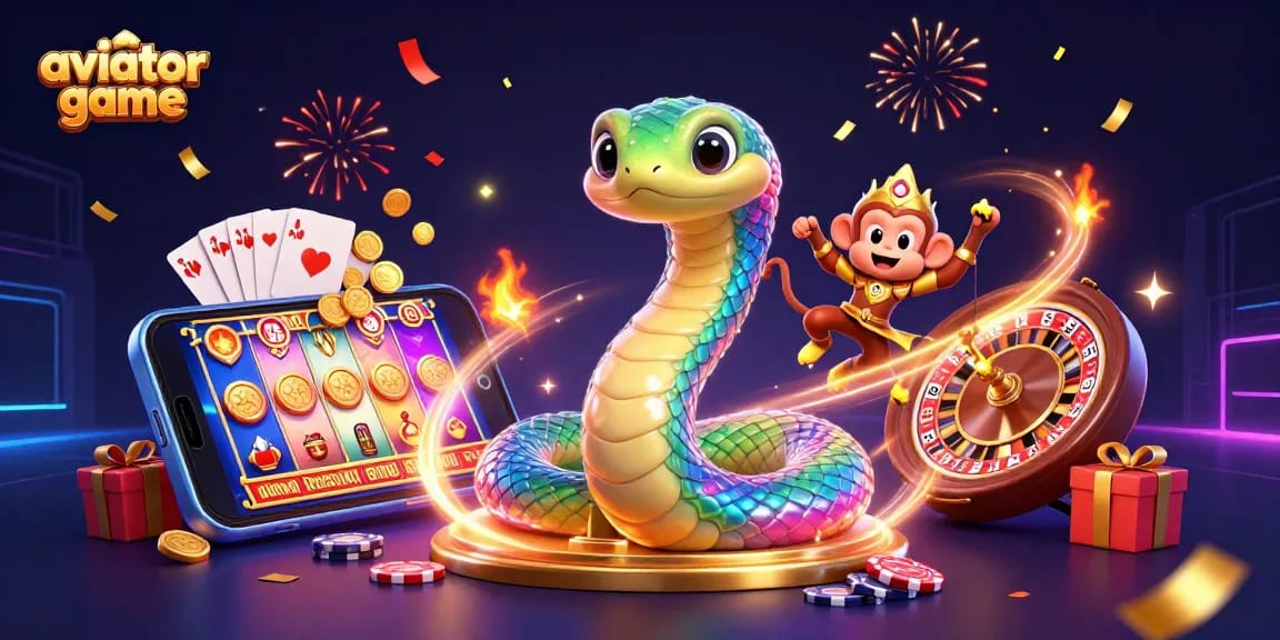 Aviator game illustrated with a colorful scene of characters and dynamic gaming elements including coins, cards, and a smartphone.