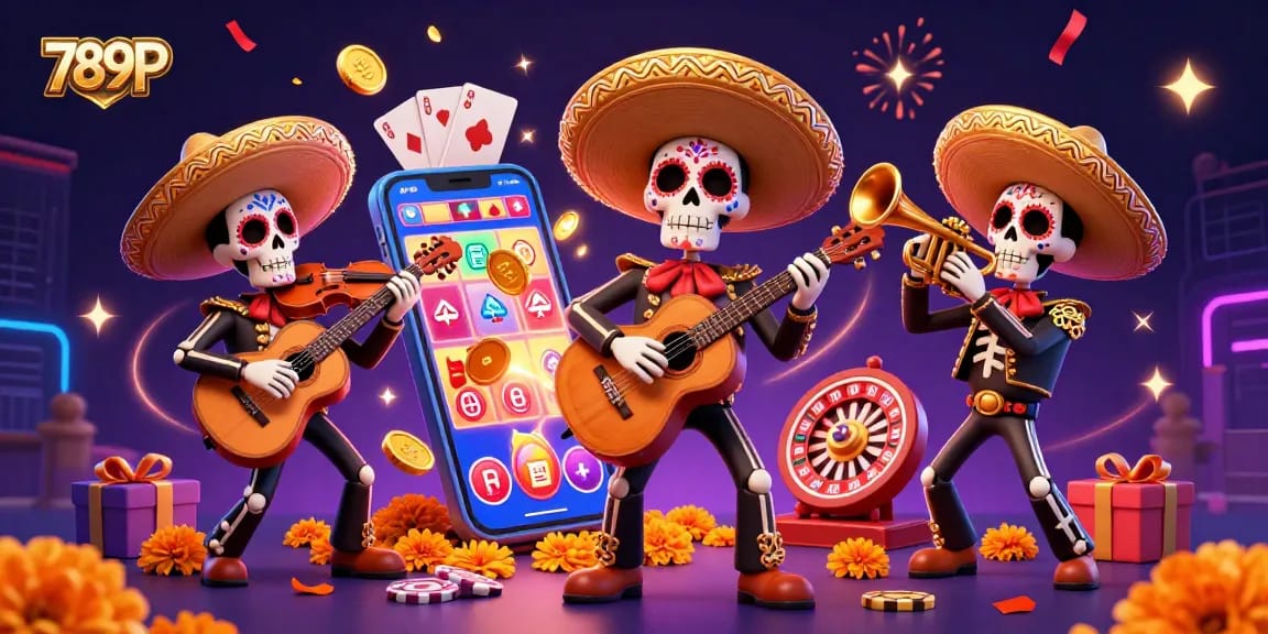 Experience thrilling games with 789P's vibrant scene featuring a festive skeleton mariachi band and interactive casino elements.