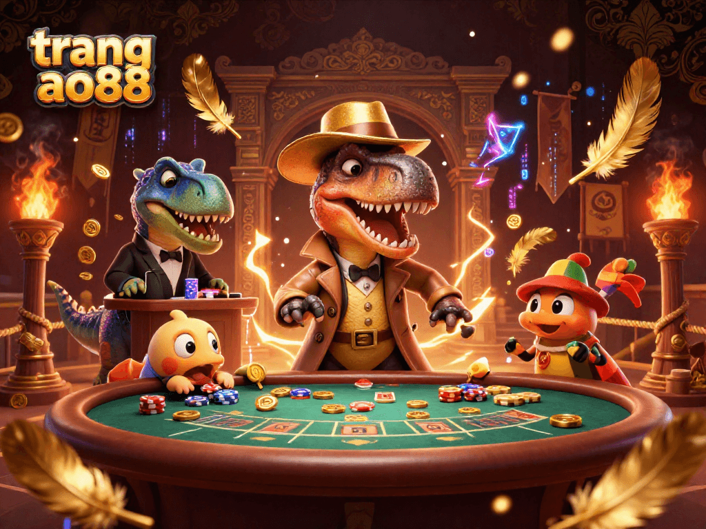 Watch the thrilling action at trang ao88 as a velociraptor cleverly counts cards at a blackjack table while a stegosaurus monitors the game.