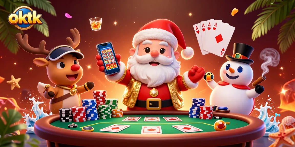 Experience the excitement of oktk's jackpot slots with a festive casino scene featuring Santa and friends.
