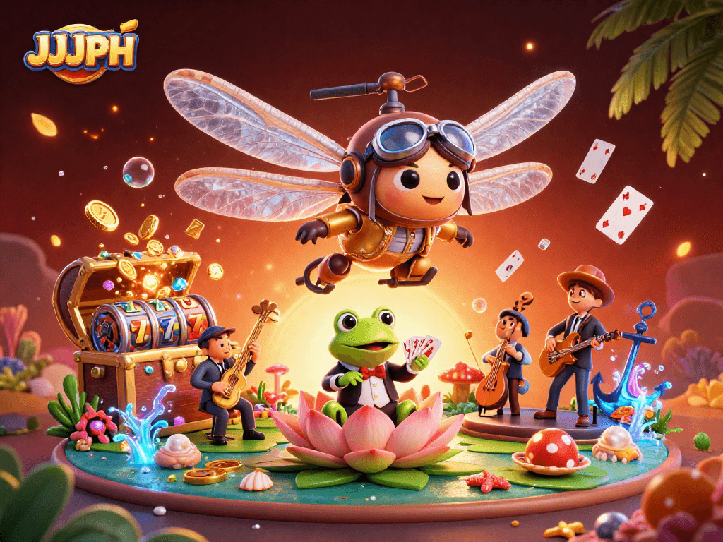 Engage with JJJPH's vibrant casino scene featuring a dragonfly pilot and a frog dealer.