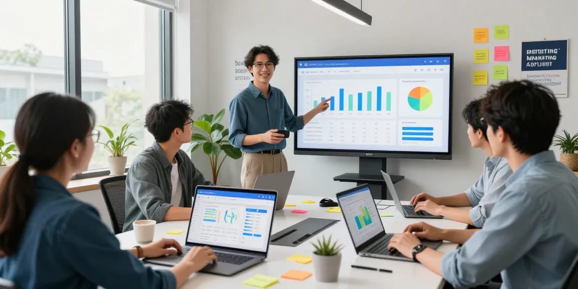Purchase app installs through expert app marketing team collaborating in a vibrant workspace.