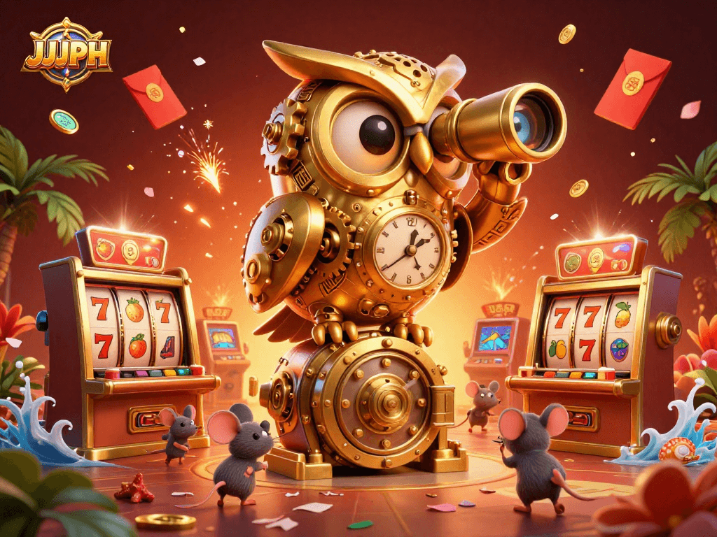 Experience the thrill of JJJPH with a whimsical 3D casino scene featuring a golden owl and dynamic slot reels.