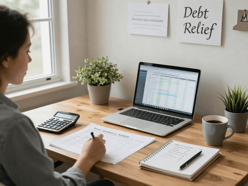 Consolidation strategies for managing debts in a tranquil home office setup.