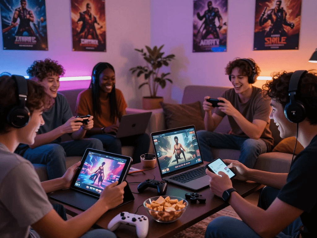 Players enjoying various porn games online in a cozy living room setting.