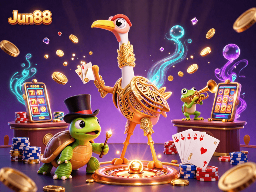 Experience thrilling gaming at Jun88 with 3D characters and casino elements in an exciting scene.
