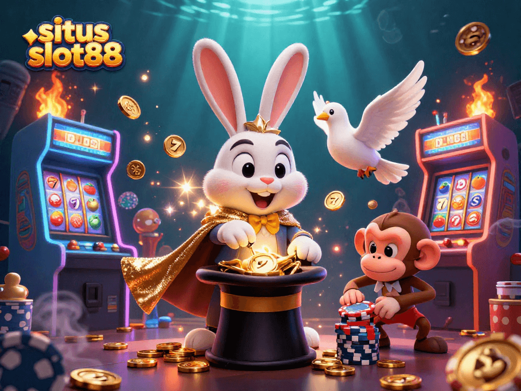 Situs slot88 offers exciting gameplay featuring a magician rabbit, a dove, and a monkey with poker chips.