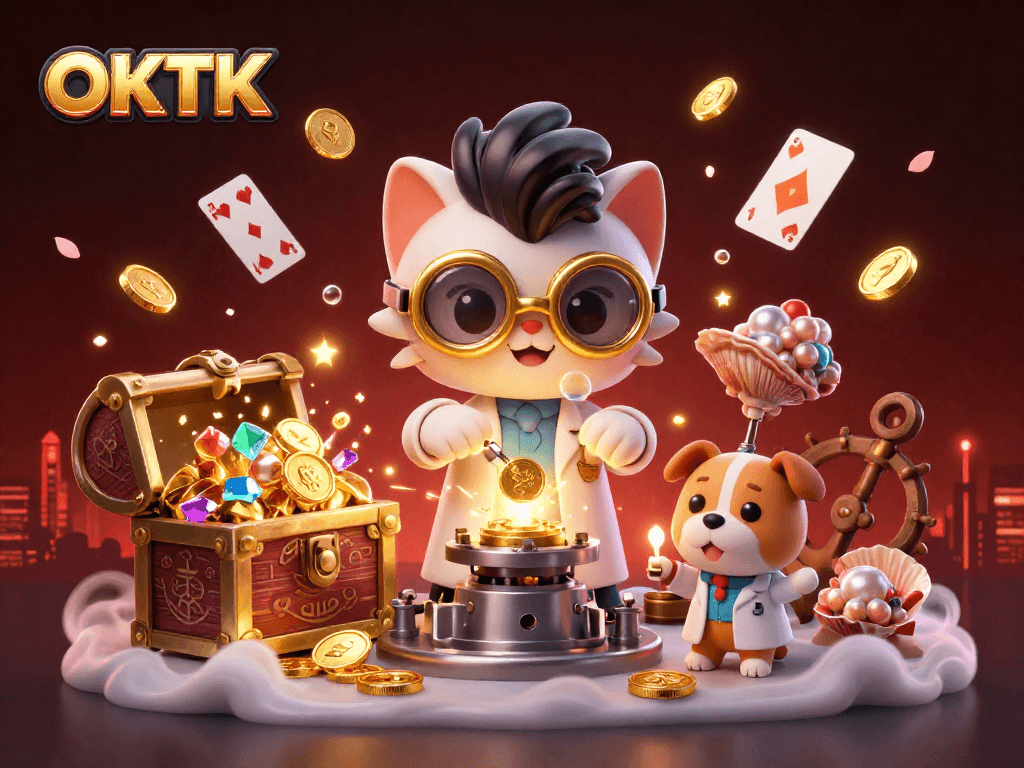 Join the action with OKTK in this vibrant 3D casino scene filled with gold coins and captivating game elements.