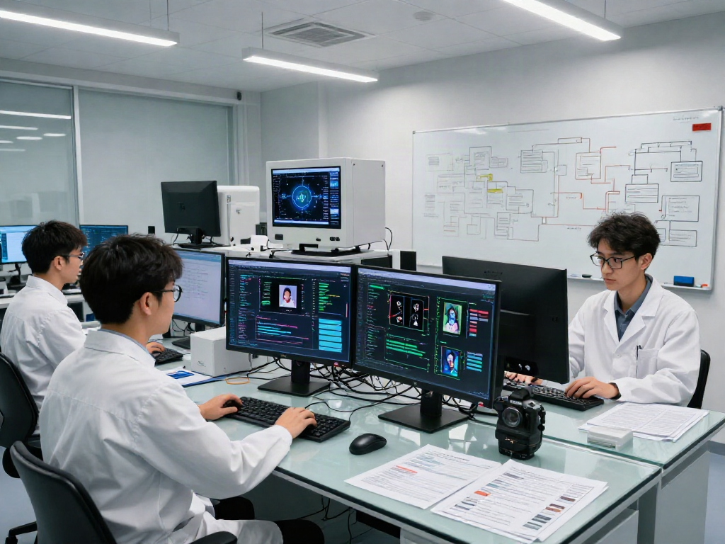 AI Image Detection technology lab with researchers analyzing data on dual screens.