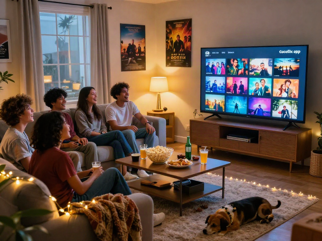 Cocoflix apk interface displayed on TV while friends enjoy movie night at home.