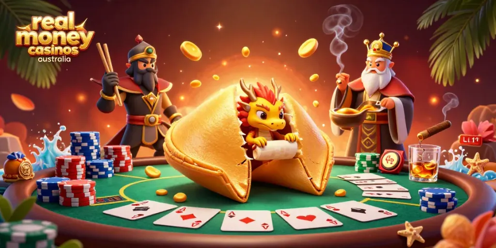 Experience real money casinos Australia in a vibrant 3D scene with poker elements and a whimsical dragon.