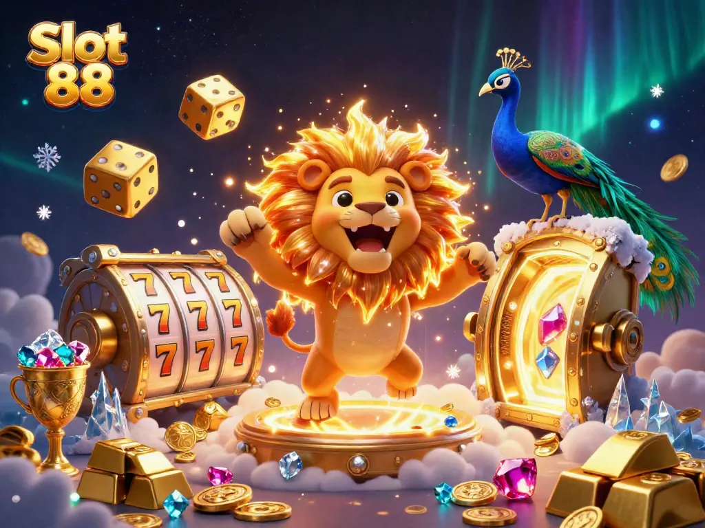 Engage with Slot 88's thrilling spins amidst a vivid casino scene of treasures.