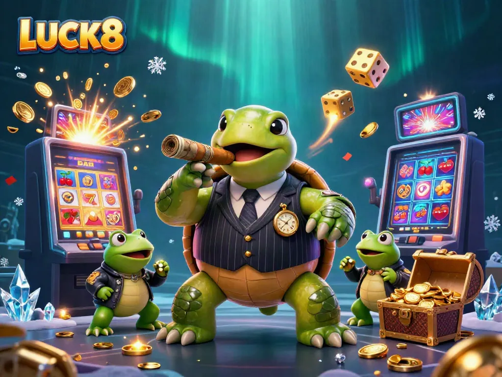 LUCK8 casino scene featuring a snapping turtle in a mobster suit, bursting slot machine, and lively casino lights.