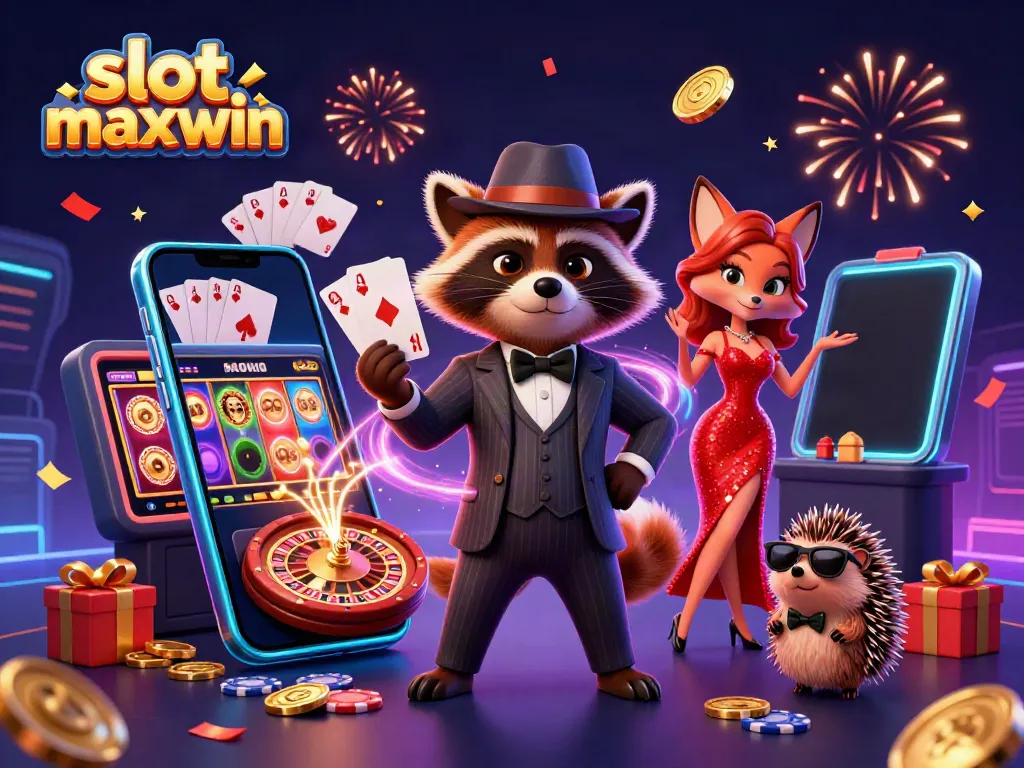 Experience the thrill of slot maxwin with cartoon characters and vibrant casino elements.
