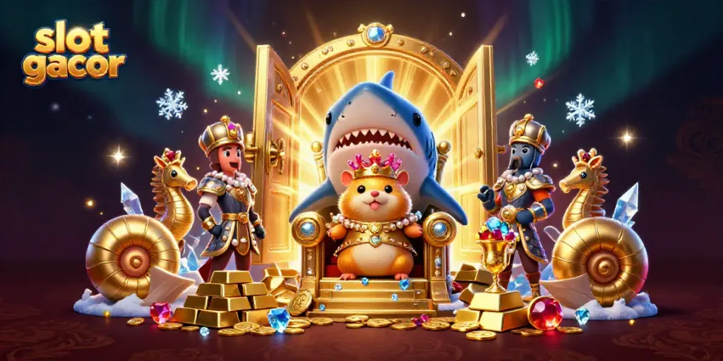 Ilustrasi slot gacor menampilkan raja hamster emas yang berkuasa di atas gigi megalodon yang megah.