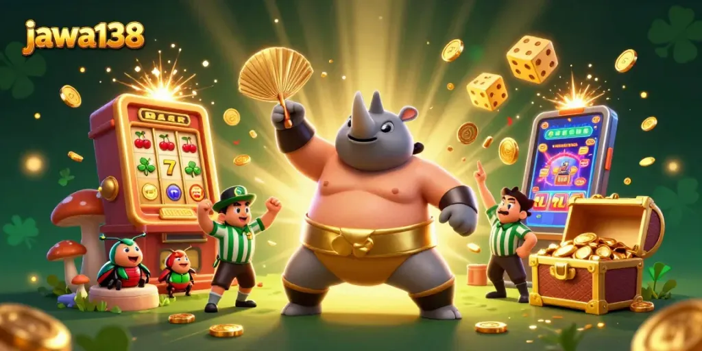 Join the excitement at jawa138, where the 3D beetle champion stomps coins in a vibrant casino scene.