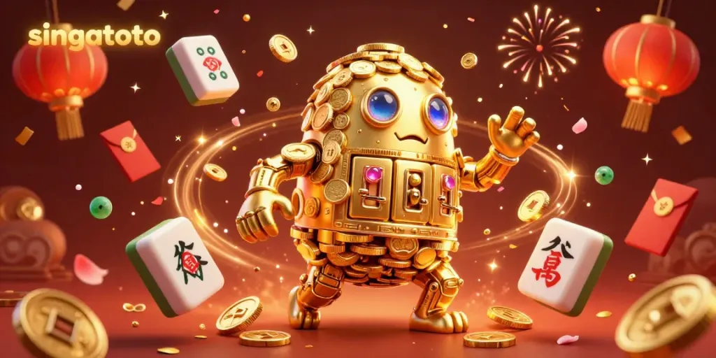 Engage with singatoto's vibrant gaming world featuring a golden golem amidst celebratory casino elements!