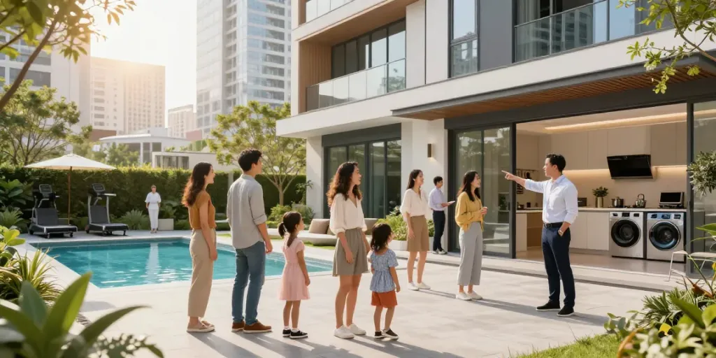 New launch condo development tour with potential buyers exploring modern style and amenities in 2026.
