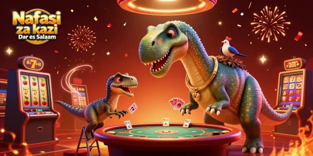 Nafasi za kazi Dar es Salaam illustrates a vibrant casino scene with a cartoon brontosaurus at a poker table.