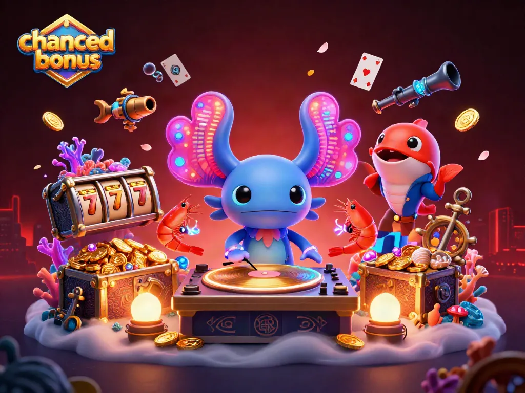 Engage with the vibrant chanced bonus code scene showcasing a neon axolotl DJ and exciting casino elements.